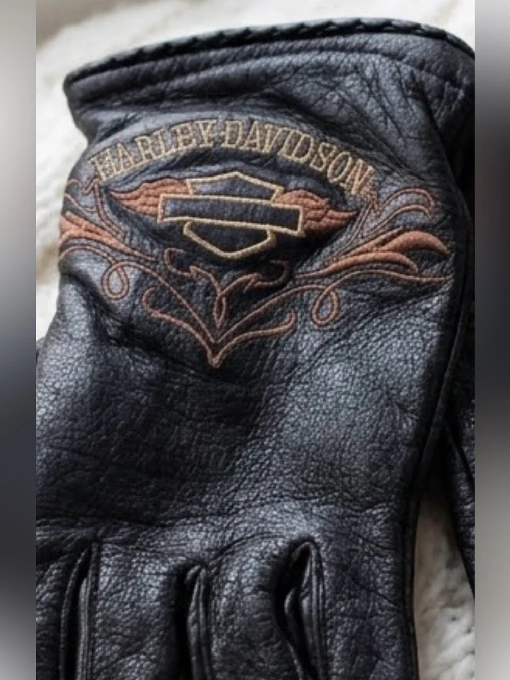 Harley Davidson Women's Black Leather Embroidered Riding Gloves